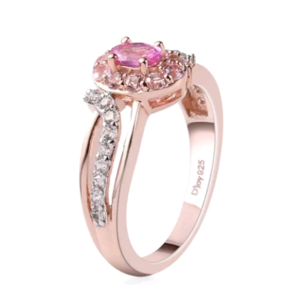 Natural Pink Sapphire & White Zircon Halo Ring in 14k Rose Gold/925 Size 7.5! - Picture 3 of 9
